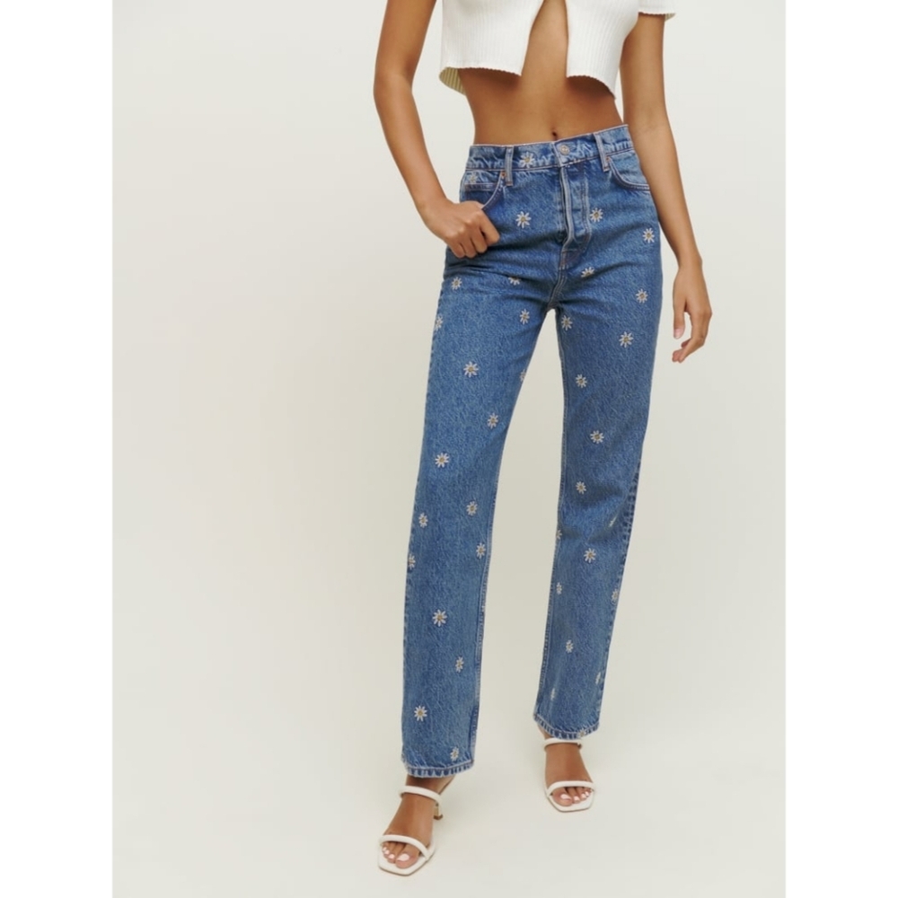 Reformation Cynthia Chamomile High-Rise Daisy Embroidered Jeans